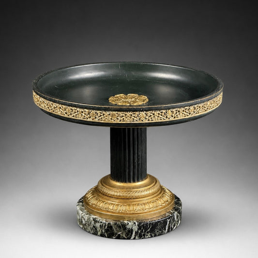Mid 19th Century French Empire Style Bronze and Marble Ashtray, Black Tôle Tray, Gilt Mounts, 8.1”