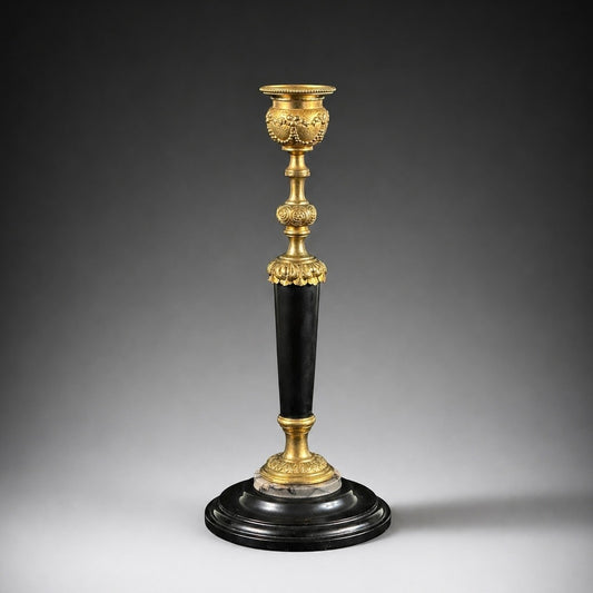 Late 19th Century French Style Gilt Bronze & Black Marble Candlestick - Louis XVI Revival - 9.3in High