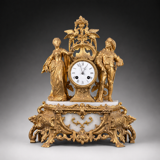 19th Century French Gilt Bronze Mantel Clock with Figural Couple and Marble Base - Working Strike Movement - 16.7in