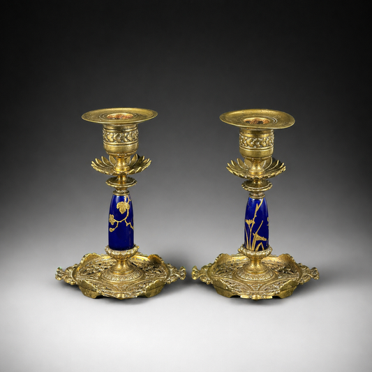 1883 English Pair of Victorian Brass Candlesticks with Cobalt Blue Enamel Panels - Aesthetic Movement - 5.9in