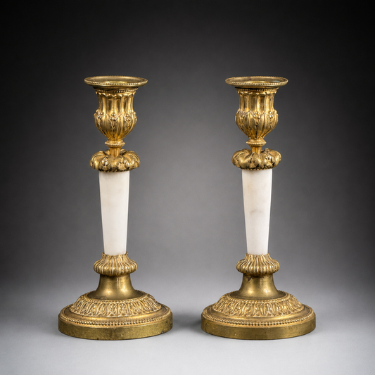 Mid 19th Century French Empire Style Bronze Candlesticks, Pair, White Marble Columns, Gilt Bronze, 7.5”