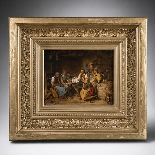 19th Century Oil Painting Attributed after Franz von Defregger, Alpine Interior Genre Scene on Panel, 17.7×15.4 in