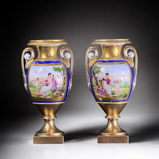 Early 19th Century French Empire Porcelain Vases, Pair, Hand-Painted Figural Scenes, Cobalt Blue Ground, 11.4”