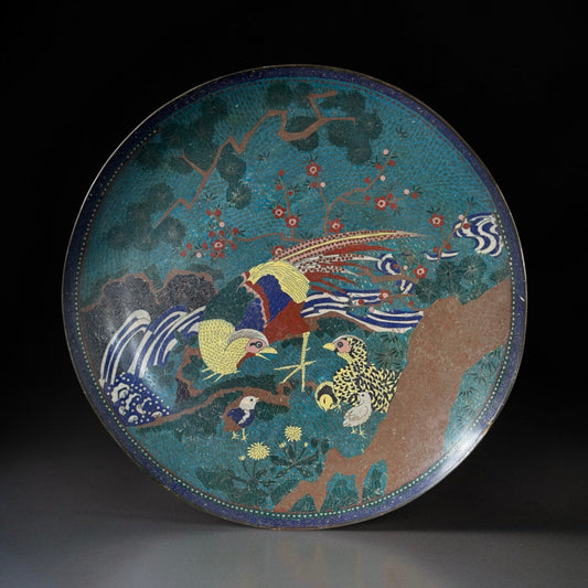 Late 19th Century Japanese Cloisonné Charger with Pheasant and Chicks - 19.3 in