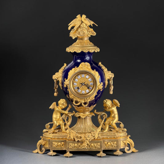c. 1865 - Napoleon III Mantel Clock in Bleu de Sèvres Porcelain & Chased Ormolu – Japy Frères Movement  21.2 in