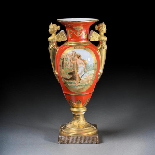 French Hand-Painted Porcelain Amphora Vase with Mythological Scenes & Figural Handles - 14.2in
