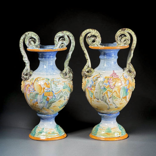 19th Century Italian Hand-Painted Majolica Pair of Mythological Vases, 13.4 in