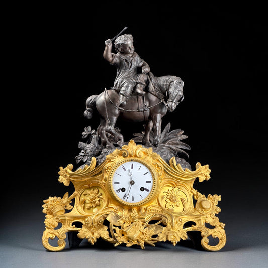1850s French Gilt-Bronze and Patinated Bronze Figural Mantel Clock with Equestrian Boy, Japy Fils Movement - 18.1 in.