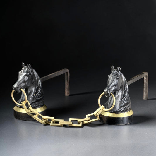 Pair of French Horse Head Andirons in the Style of Jacques Adnet, Brass and Iron, circa 1950s