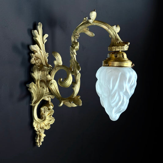 French Rococo Revival Gilt Bronze Wall Sconce with Frosted Flame Glass Shade, Late 19th Century, 15.4in