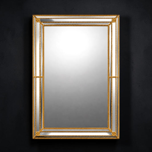 Venetian Style Wall Mirror with Beveled Glass and Brass Accents, 1970s, 32.3in