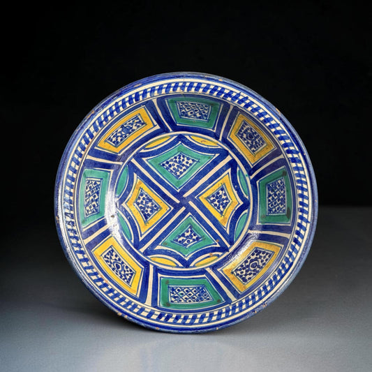 Antique Moroccan Earthenware Bowl, Attributed to Ghotar, Fès, Morocco, 19th Century, 10.8 in