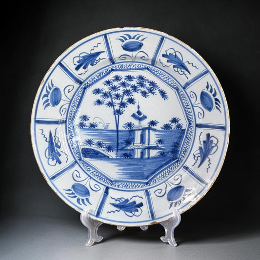 18th Century Delft Kraak Style Blue & White Faience Charger, Netherlands, 13.6 In