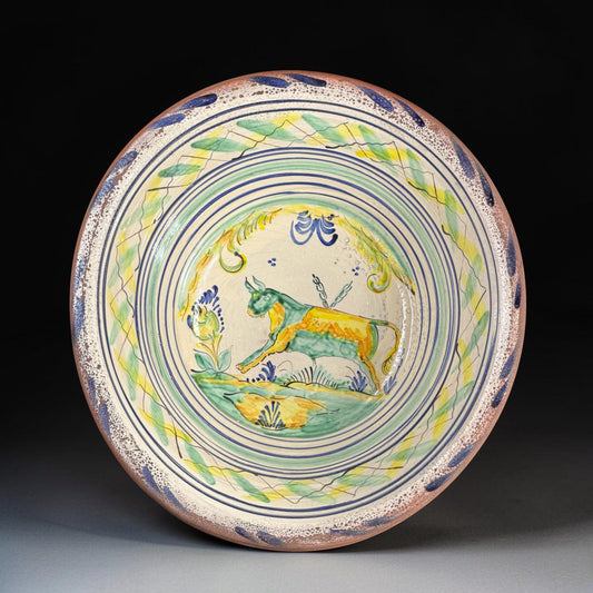 Spanish Triana “Lebrillo” Ceramic Plate with Painted Bull - 20 in