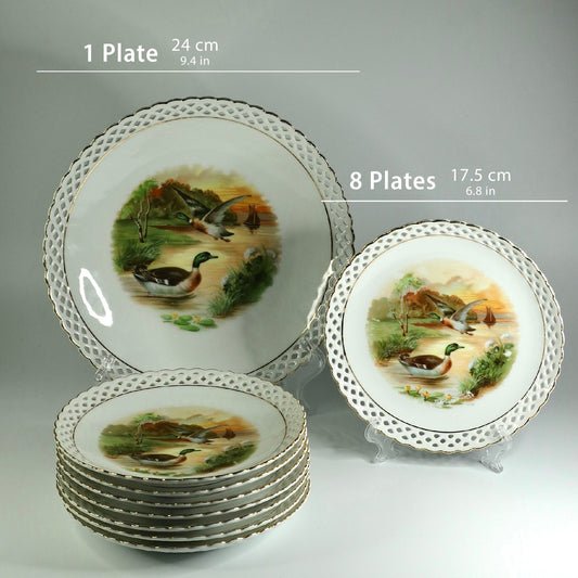 Set 9 Antique Plates, Bavaria Schumann, Porcelain, Reticulated design Gold Rim