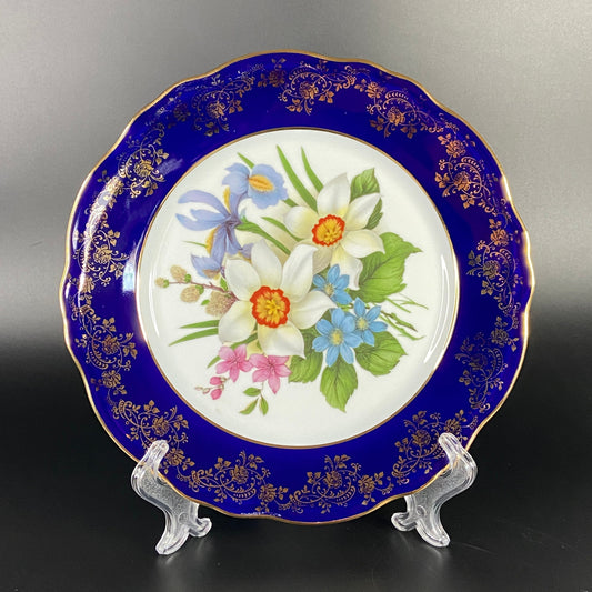 Limoges porcelain collection plate decor Gold & Cobalt Blue. Rehausse Main Limoges France.