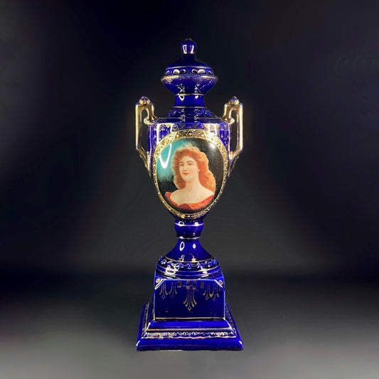 Josef Strnact Portrait Vase, Cobalt Blue & Gilt, Bohemia, 13 in