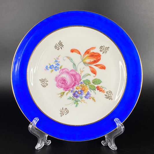 Limoges porcelain collection plate decor Magic Blue & Flowers. Limoges France.
