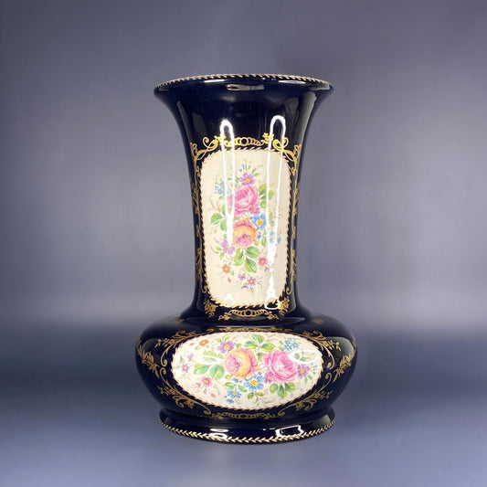 1930s C.A.S. Limoges French Cobalt Blue and Flower Vase, Hand Painted,  Porcelain