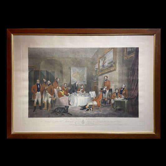 1839 "The Melton Breakfast" Cacería de zorros, grabado antiguo en folio enmarcado