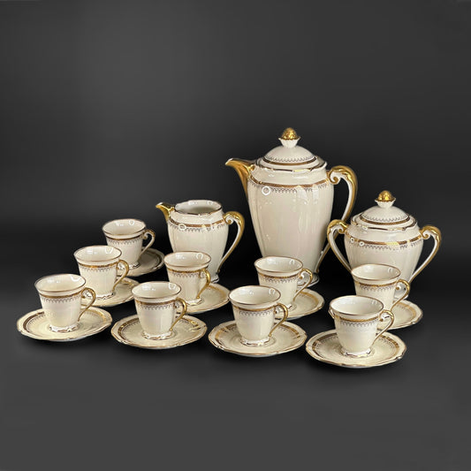 Juego de café Limoges R.Leclair Vintage, Art Decó, Crema y Oro, Francia