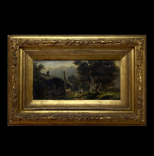 Friedrich Mayer (1825-1875), Paisaje, óleo sobre cobre, 17x35cm, marco original dorado con estuco 34x52cm.