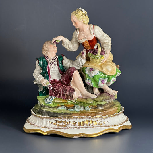 Hand-Painted Porcelain Figurine from C. H. Hispania. Romantic Couple Picnicking, Louis XVI style.