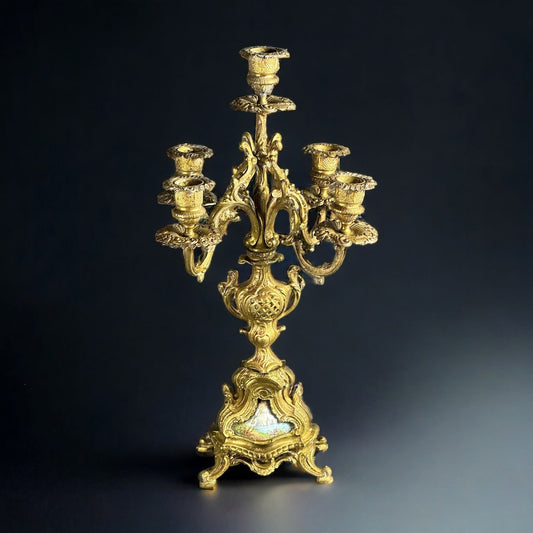 19th, Five-light brass candelabra with hand-painted ceramic inserts, Luigi Beccarelli, Italy