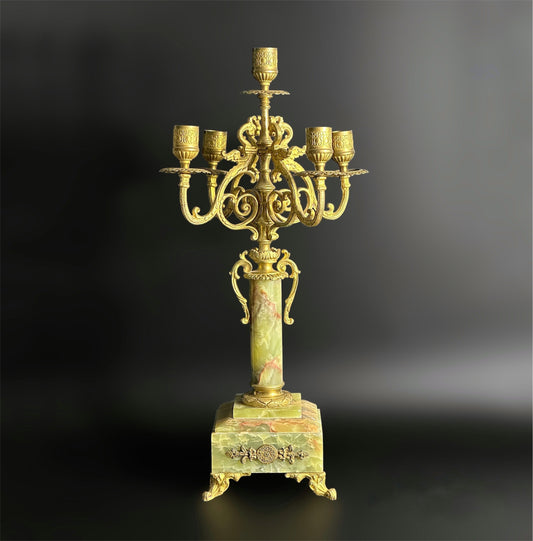 Mid 19th Century Four Arm Brass Candelabra with Onyx Bases
