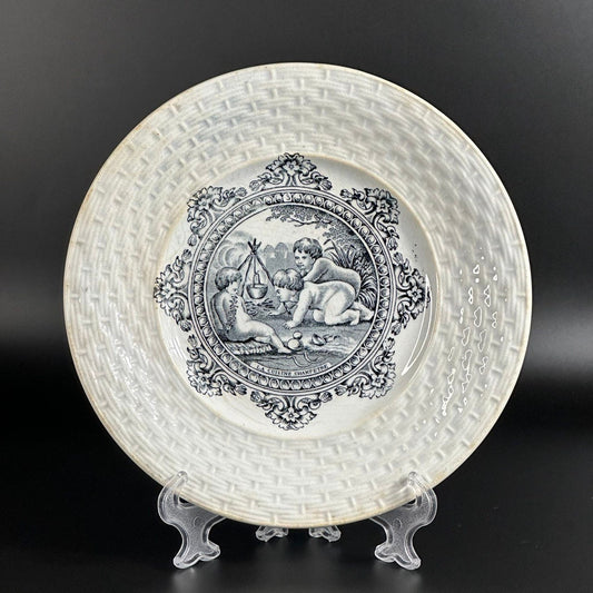 19th, Antique French Faience GIEN Cherub Small Plates, Terre De Fer Louis XV Black Transfer Design.