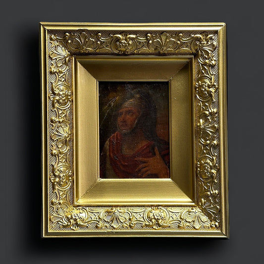 Siglos XVII-XVIII, Longino. Pintura, óleo sobre lienzo (madera) 12x16cm, marco dorado 26x30cm.
