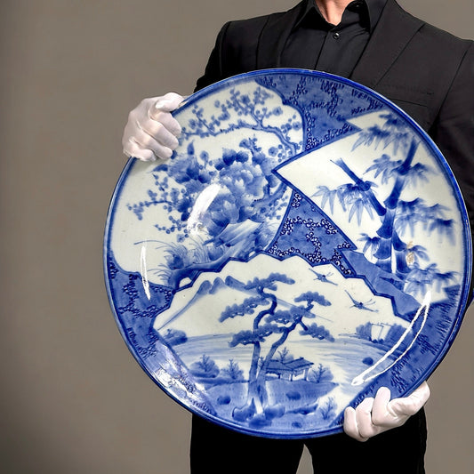 19th, Very Large Japanese Blue & White Dish, Hand-Painted. Diameter: 54 cm (21in)