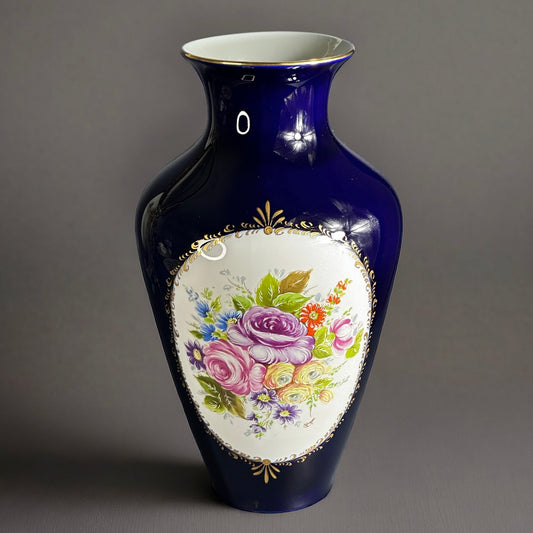 Limoges French Cobalt Blue and Flower Porcelain Vase