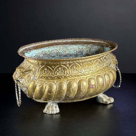 19th Century, Large French  Baroque Brass Lion-head Champagne Cooler & Jardiniere