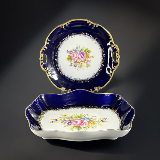 Limoges French Cobalt Blue and Flower Plates.