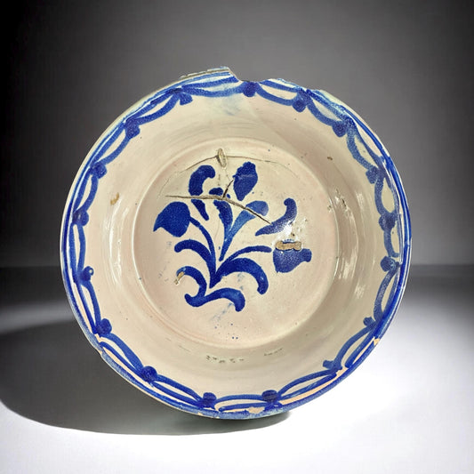 19th Fajalauza Blue White Spanish Glazed Terracotta Dish With Traditional Flower