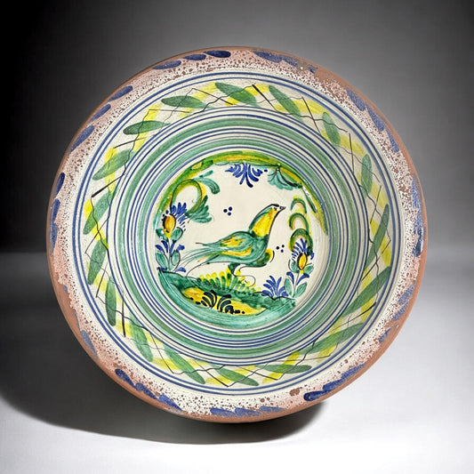 Spanish Triana "Lebrillo" Ceramic Plate with Painted Bird - 15.5in
