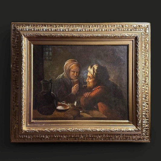 Nicolaas Verkolje (1673–1746) — “A Peasant Couple at a Table” original gilded frame with stucco