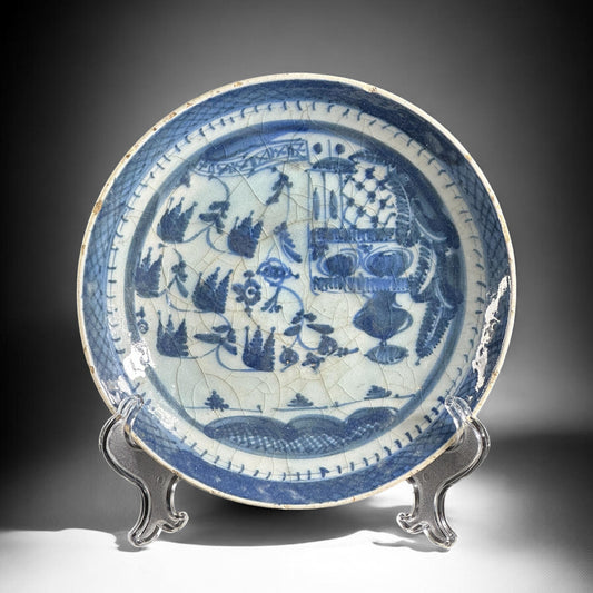 Antique Blue and White Asian Charger – Hand-Painted Foliate & Vase Motif, Swatow/Zhangzhou Style, Ming Dynasty Type