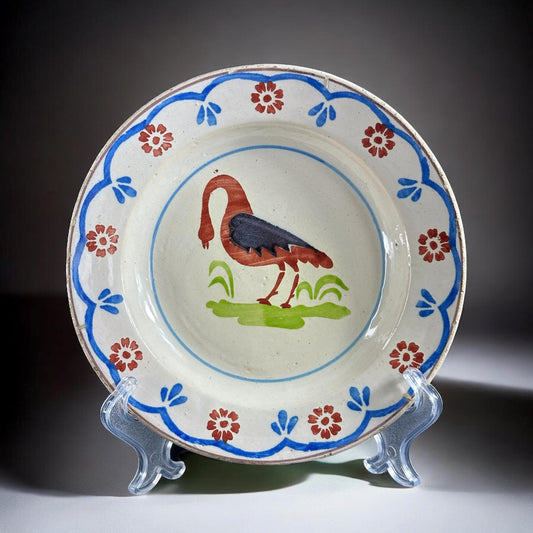 19th Century. Plate with Bird – Spanish folk faience, hand-painted,