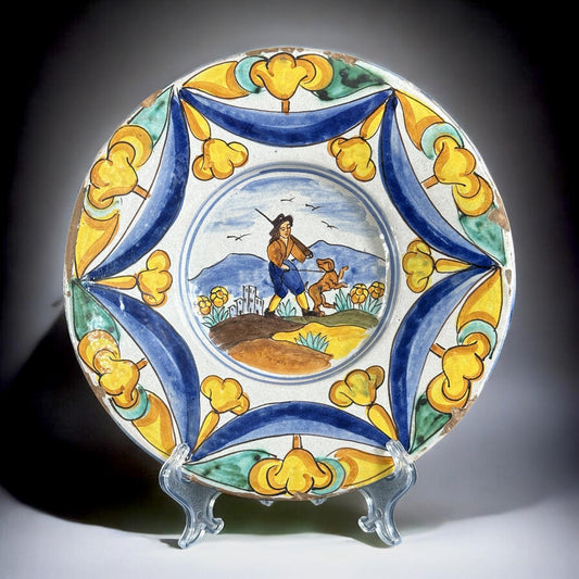 19th Century, Talavera Plate – Rustic Hunter Scene