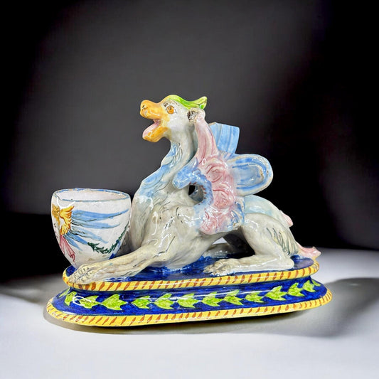 19th Century, Italian Majolica Dragon Stand – Polychrome Glaze, Putto Portrait, Marked Base