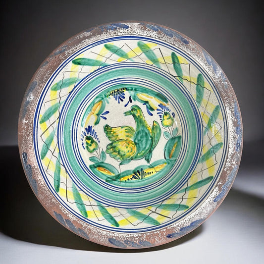 Spanish Triana "Lebrillo" Ceramic Plate with Painted Bird - 15.5in