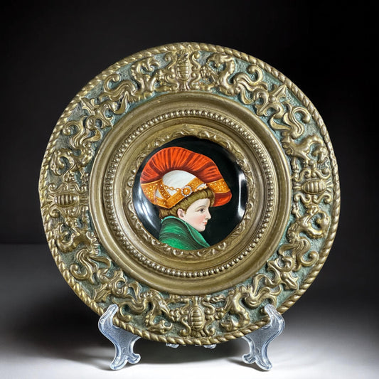 1899, Portrait Plaque - Hand-Painted Porcelain with Ornate Brass Frame, 19th Century