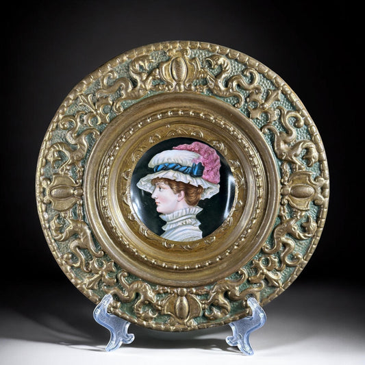 1890, Portrait Plaque - Hand-Painted Porcelain with Ornate Brass Frame, 19th Century