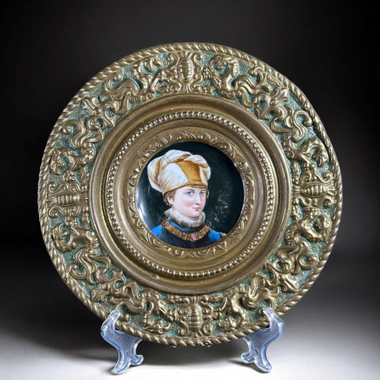 1890, Portrait Plaque - Hand-Painted Porcelain with Ornate Brass Frame, 19th Century