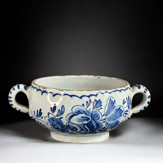 18th Century, Delft Two-Handled Bowl – Floral Blue & White Tin-Glaze