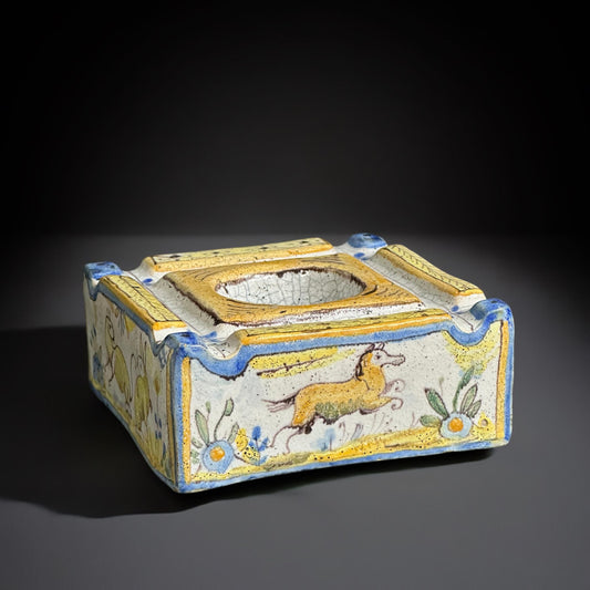 Antique Spanish Talavera Inkwell – Hand-Painted Faience with Animals & Floral Motifs, (5.1x5.1x2 in)