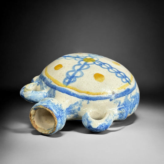 Antique Spanish Cantimplora – Hand-Painted Folk Pottery Water Flask, Blue and Yellow Glaze, 16x12 cm (6.3x4.7 in)