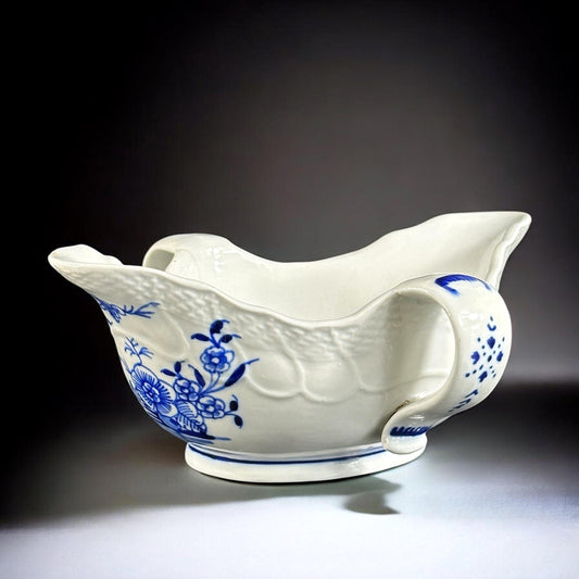 Antique Tournai Blue and White Porcelain Sauce Boat – Hand-Painted Flowers, Double Handle, 19th Century, 19x17 cm (7.5 x 6.7 in)